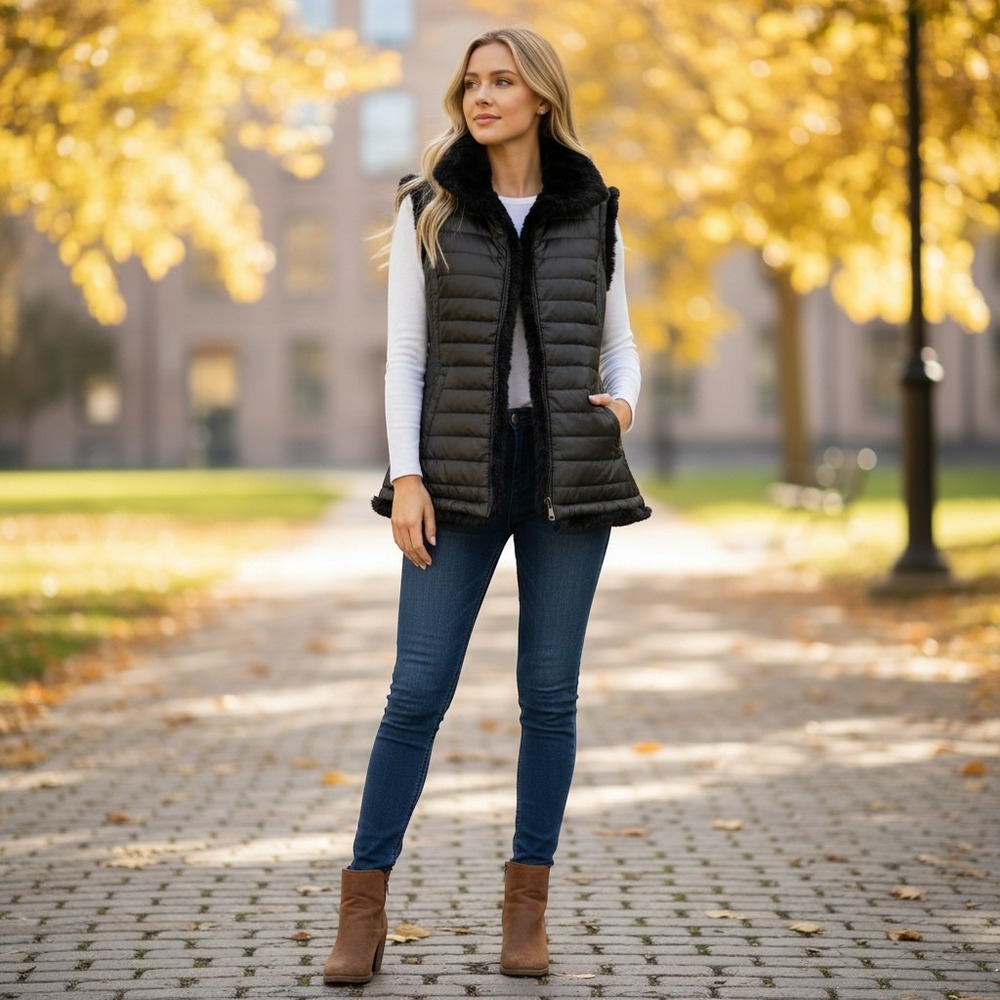 Nicole Miller Vest Womens M Black Puffer Plush Faux Fur Reversible Philhobar‎